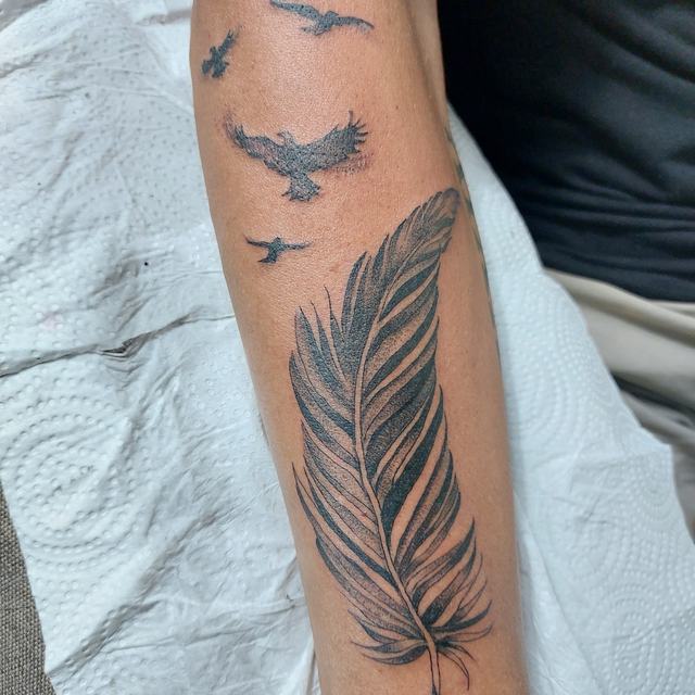 Feather and birds forearm tattoo